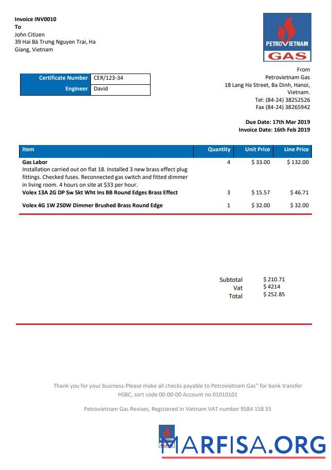 Blank Vietnam Petrovietnam Gas utility bill template in Word and PDF format